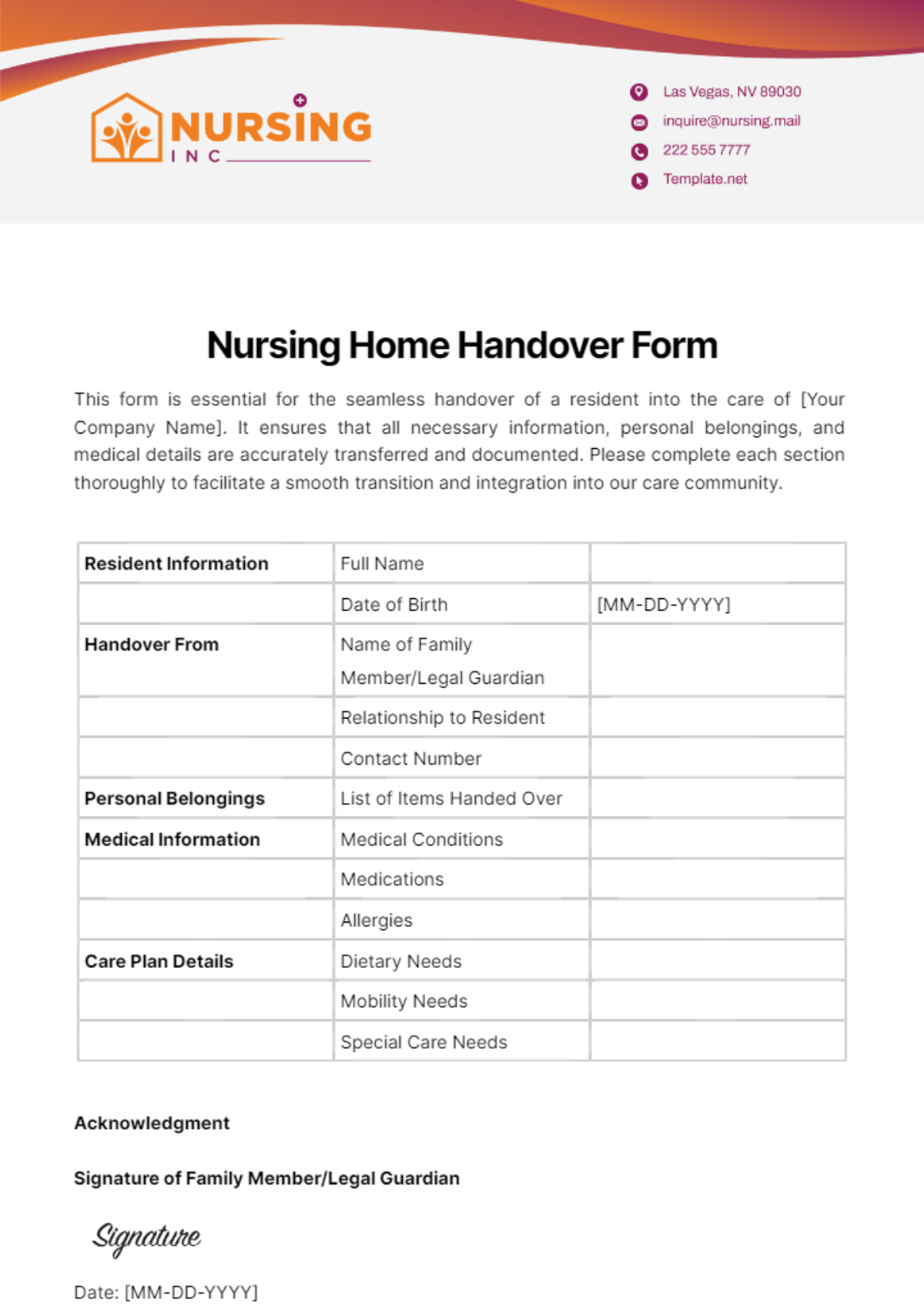 Nursing Home Handover Form Template