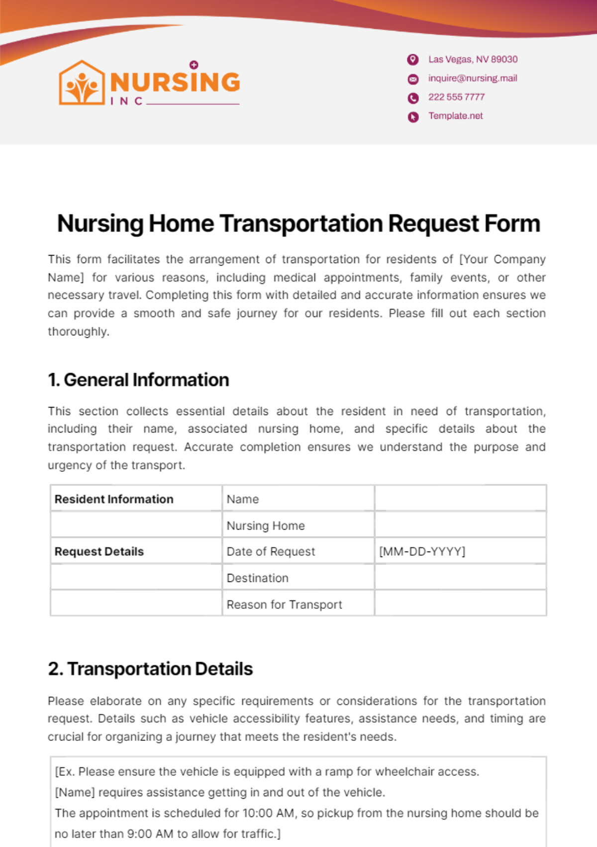 Nursing Home Transportation Request Form Template