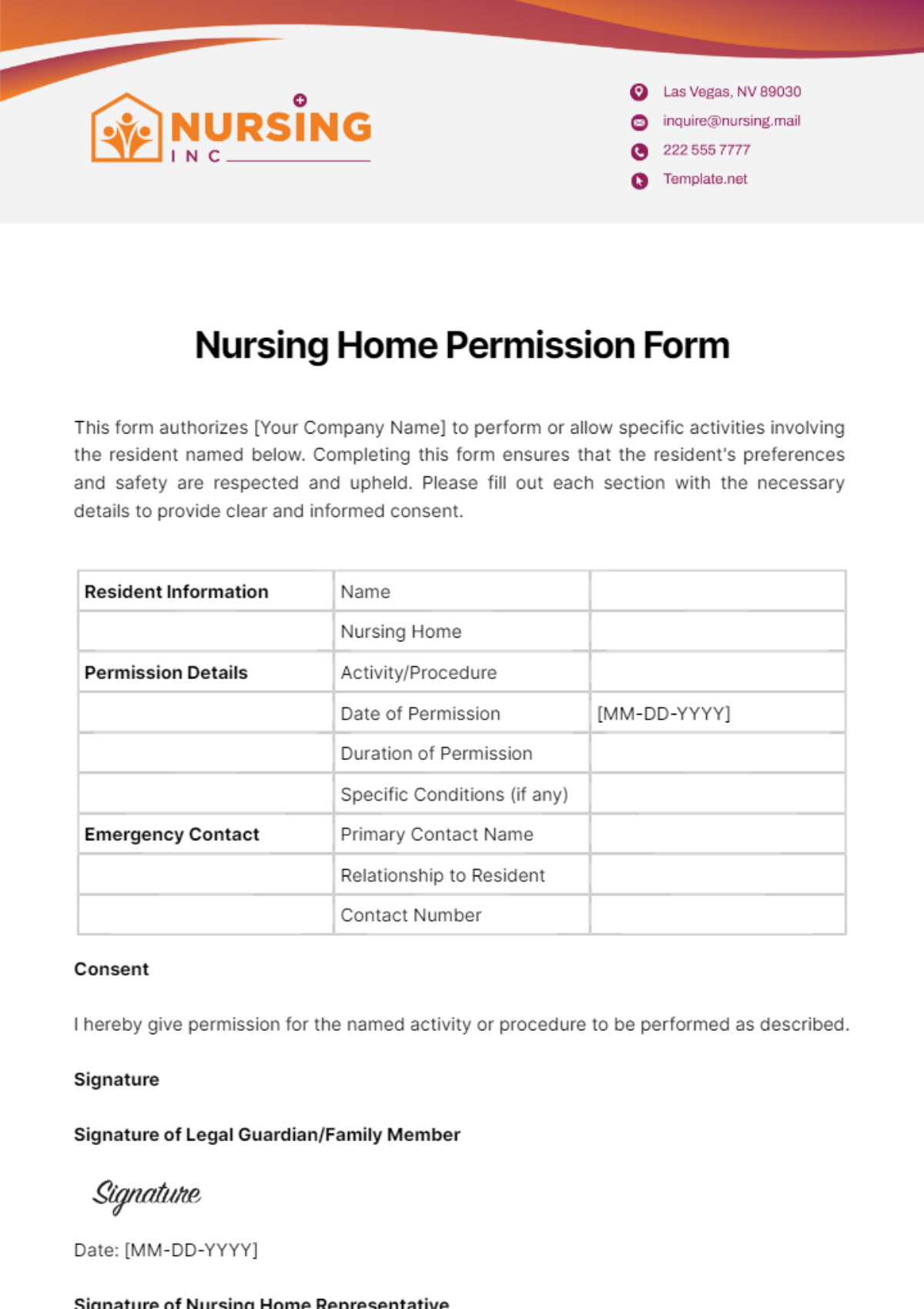 Nursing Home Permission Form Template