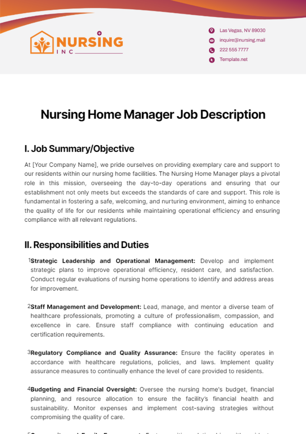 Nursing Home Manager Job Description Template