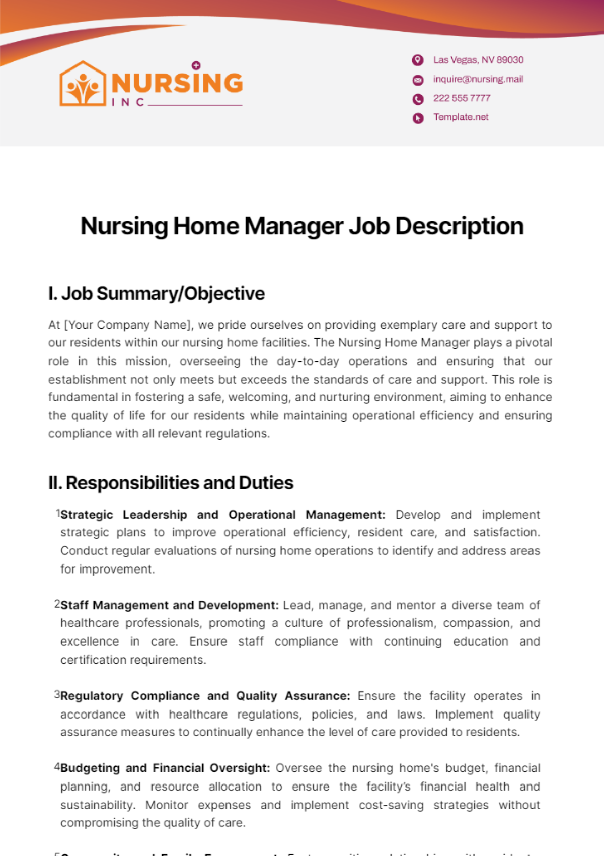 Nursing Home Manager Job Description Template Edit Online Download 