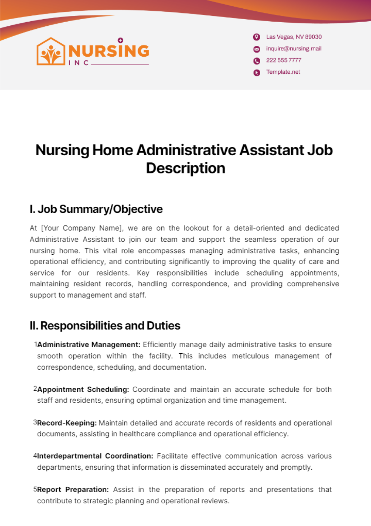 Nursing Home Administrative Assistant Job Description Template