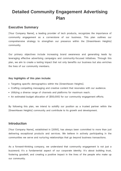 Free Detailed Community Engagement Advertising Plan Template to Edit Online
