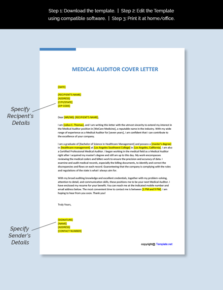 Medical Auditor Cover Letter Template - Google Docs, Word | Template.net