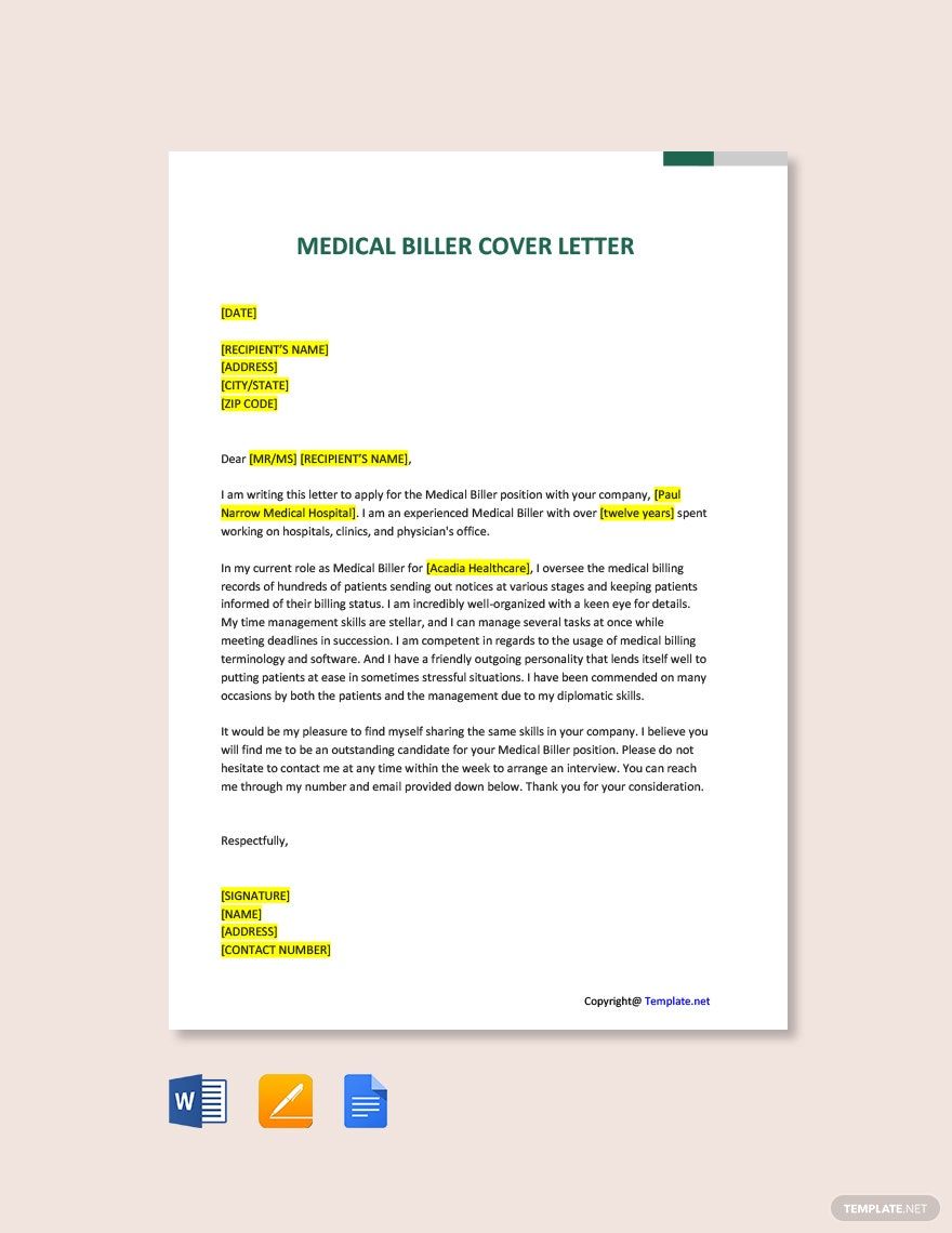 Medical Biller Cover Letter in Word, Google Docs, PDF, Apple Pages