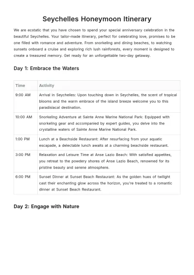 Free Seychelles Honeymoon Itinerary Template to Edit Online