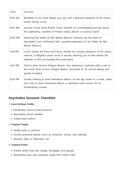 Free Seychelles Honeymoon Itinerary Template to Edit Online