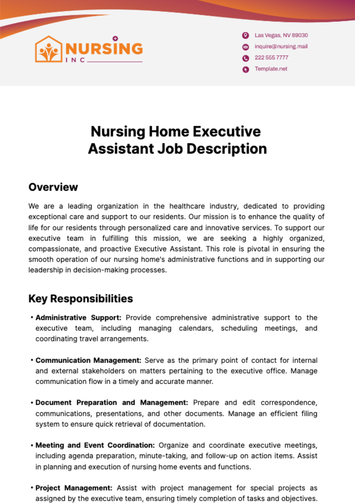 Free Nursing Home Executive Assistant Job Description Template