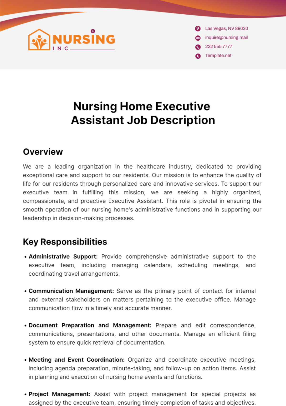 Nursing Home Executive Assistant Job Description Template - Edit Online ...