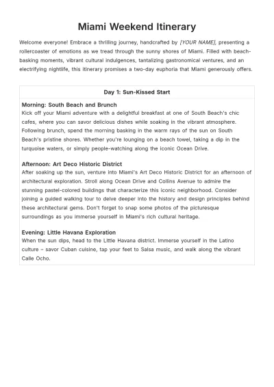 Free Miami Weekend Itinerary Template to Edit Online