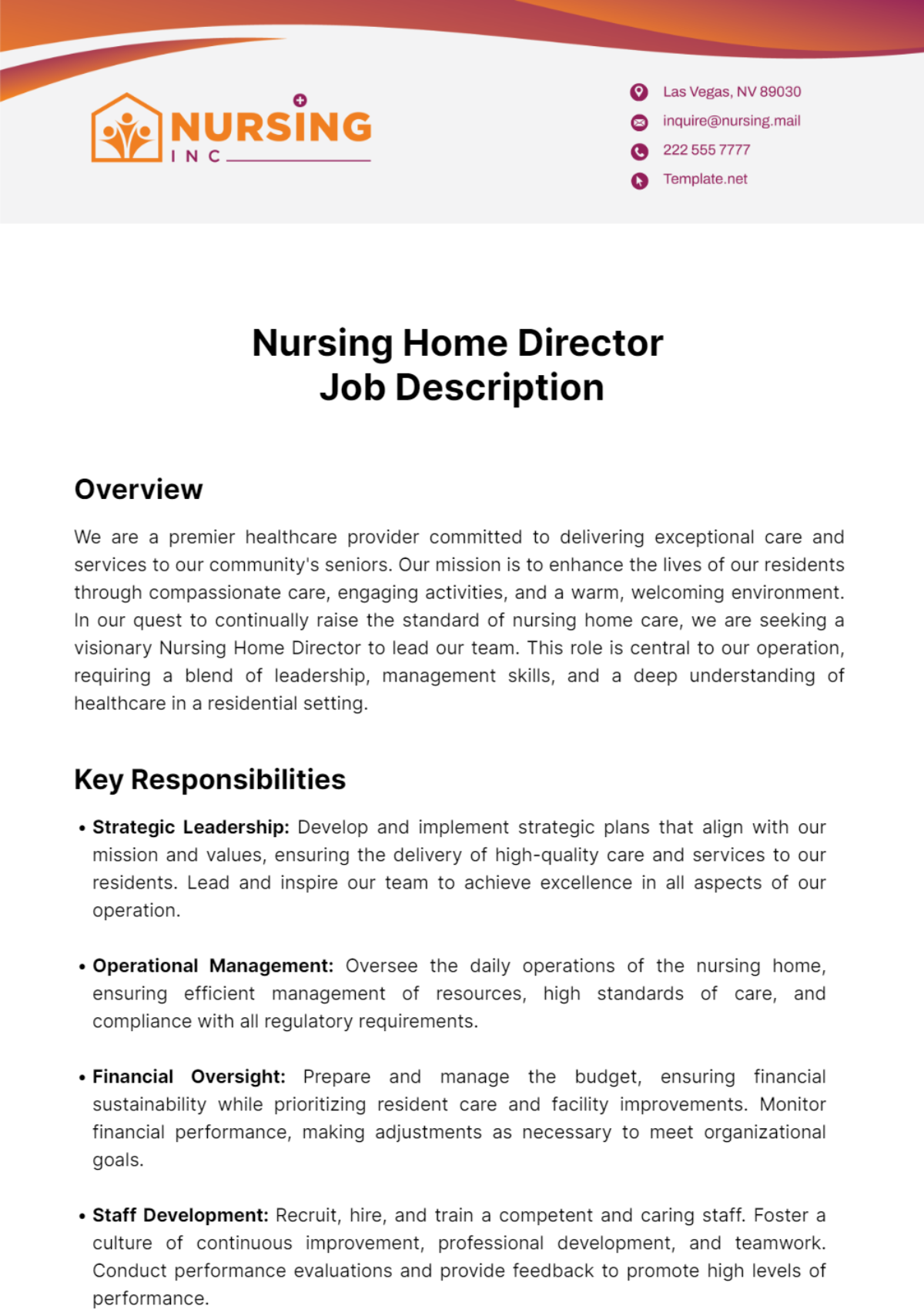 Nursing Home Director Job Description Template