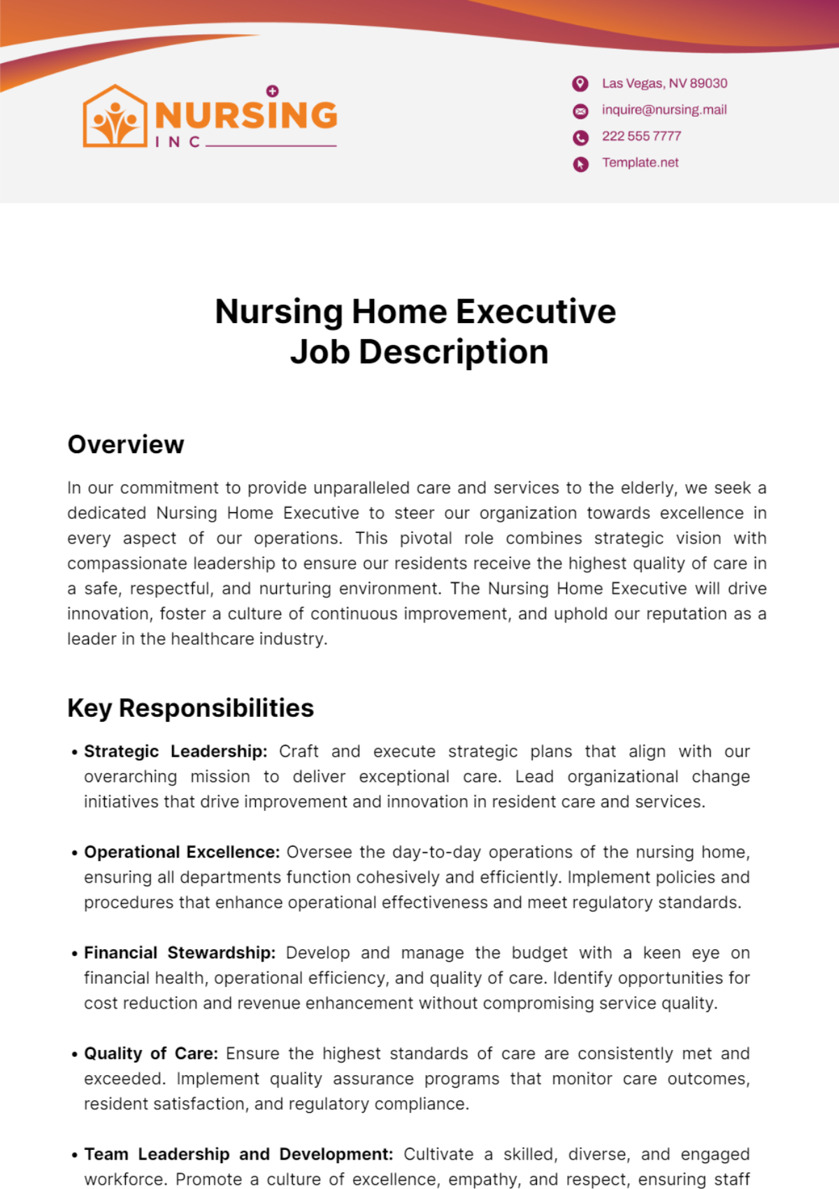 Nursing Home Executive Job Description Template