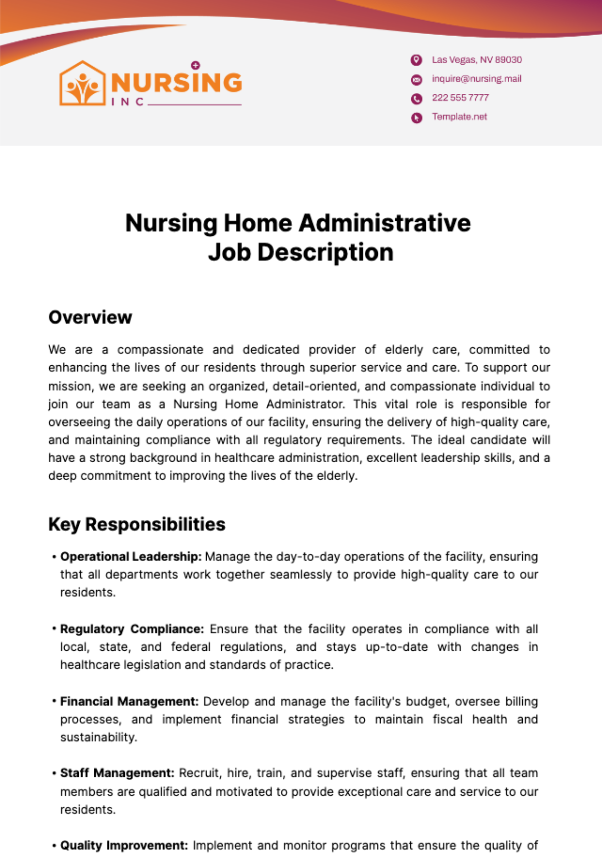 Nursing Home Administrative Job Description Template