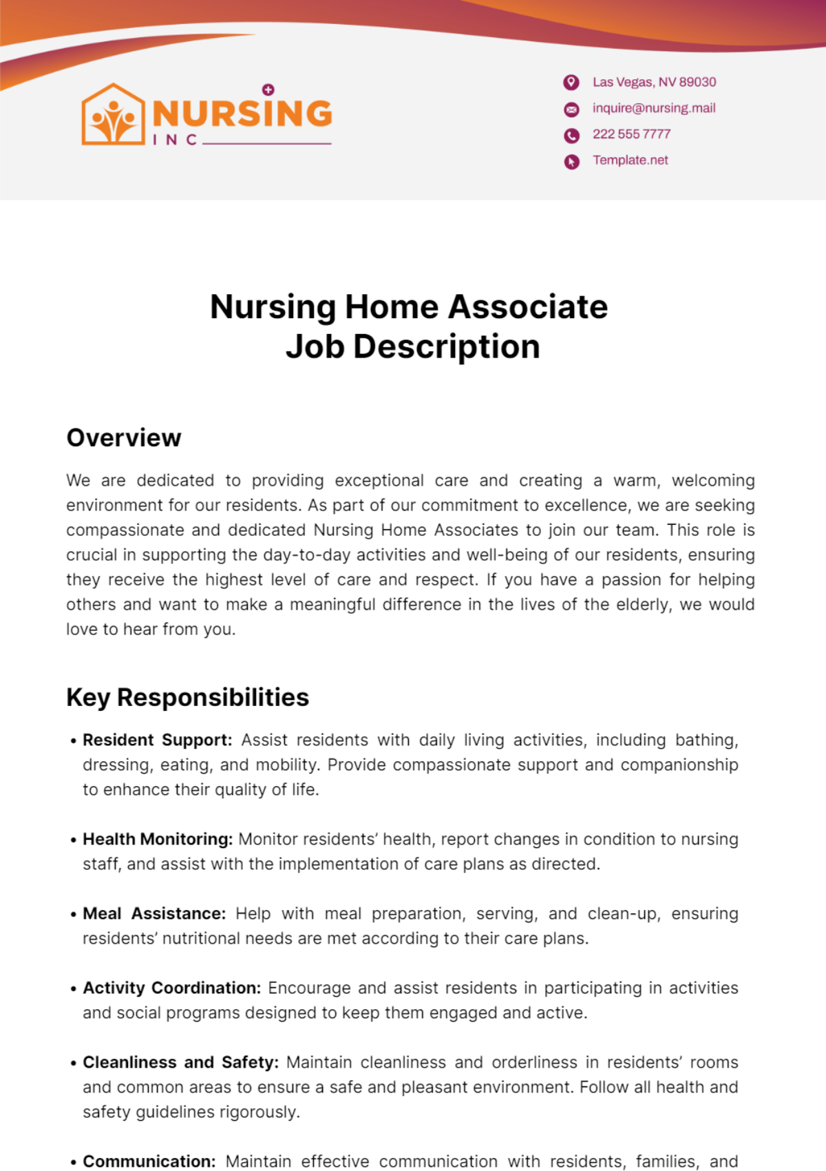 Nursing Home Associate Job Description Template