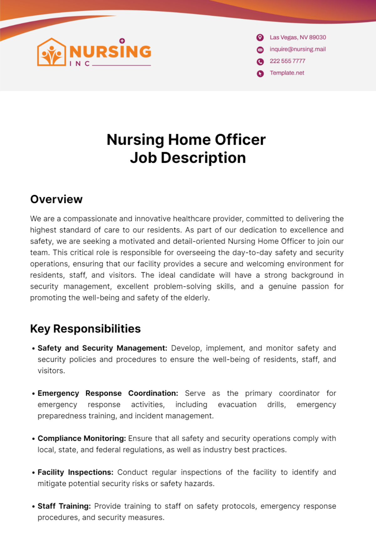 Free Nursing Home Officer Job Description Template