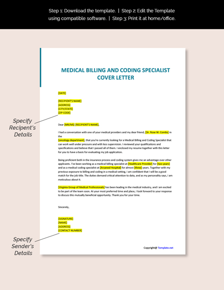 Medical Billing And Coding Specialist Cover Letter Template