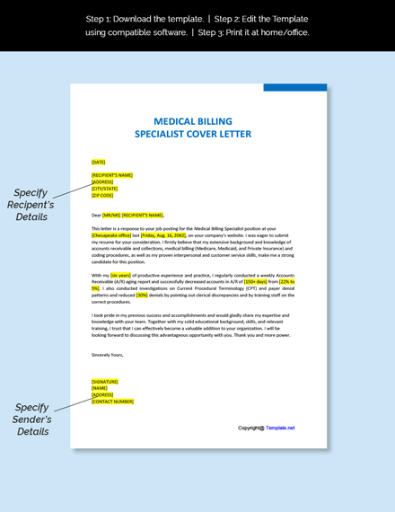 Medical Billing Specialist Cover Letter Template
