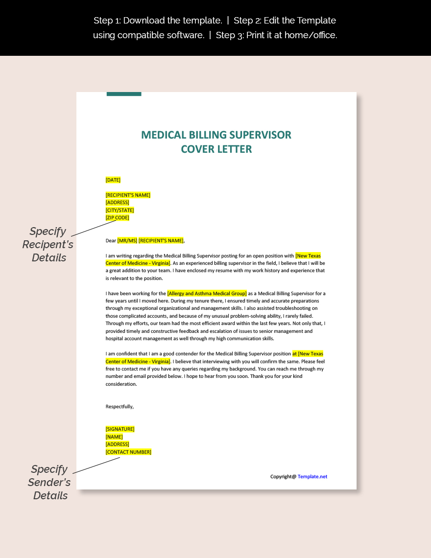 Medical Billing Supervisor Cover Letter Template