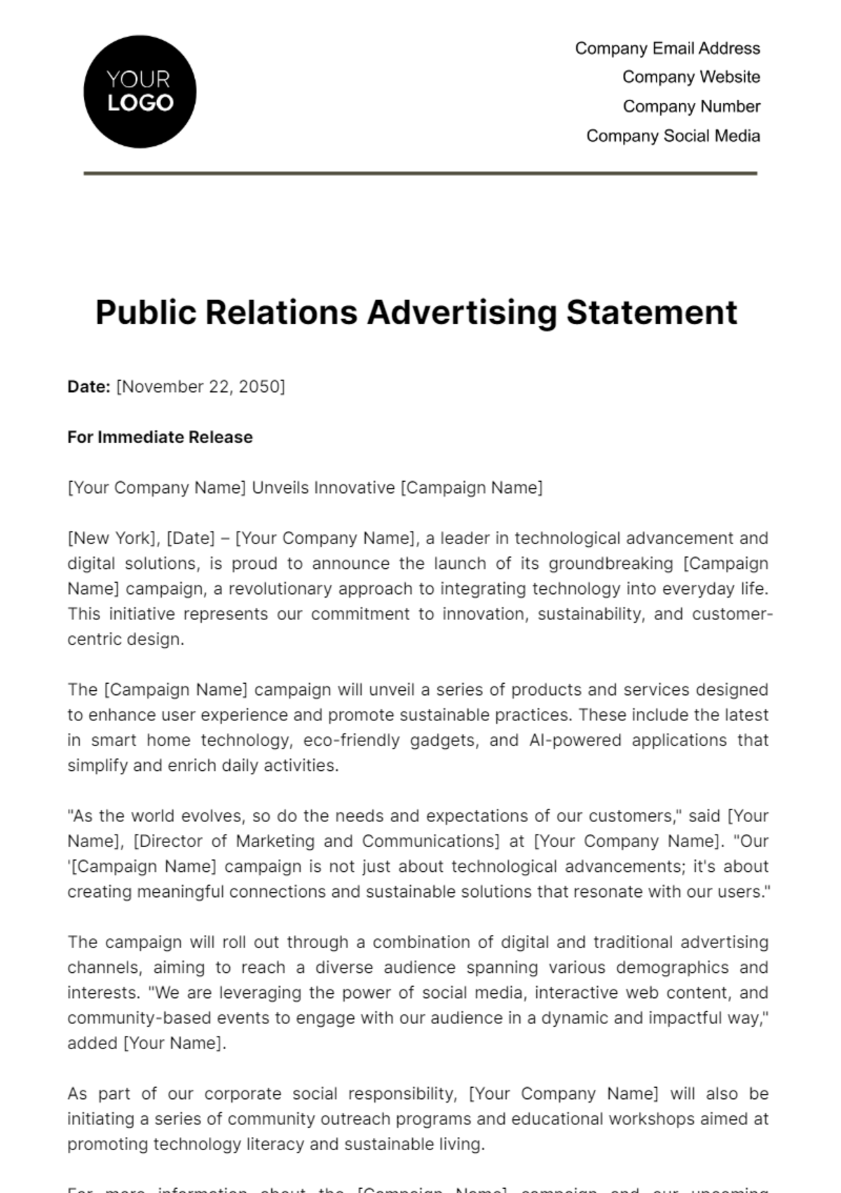 Free Public Relations Advertising Statement Template
