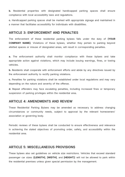 Free Residential Parking Bylaws Template to Edit Online