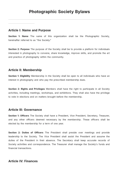 Free Photographic Society Bylaws Template to Edit Online