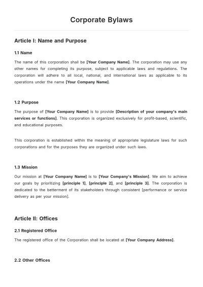 Free Sample Corporate Bylaws Template to Edit Online