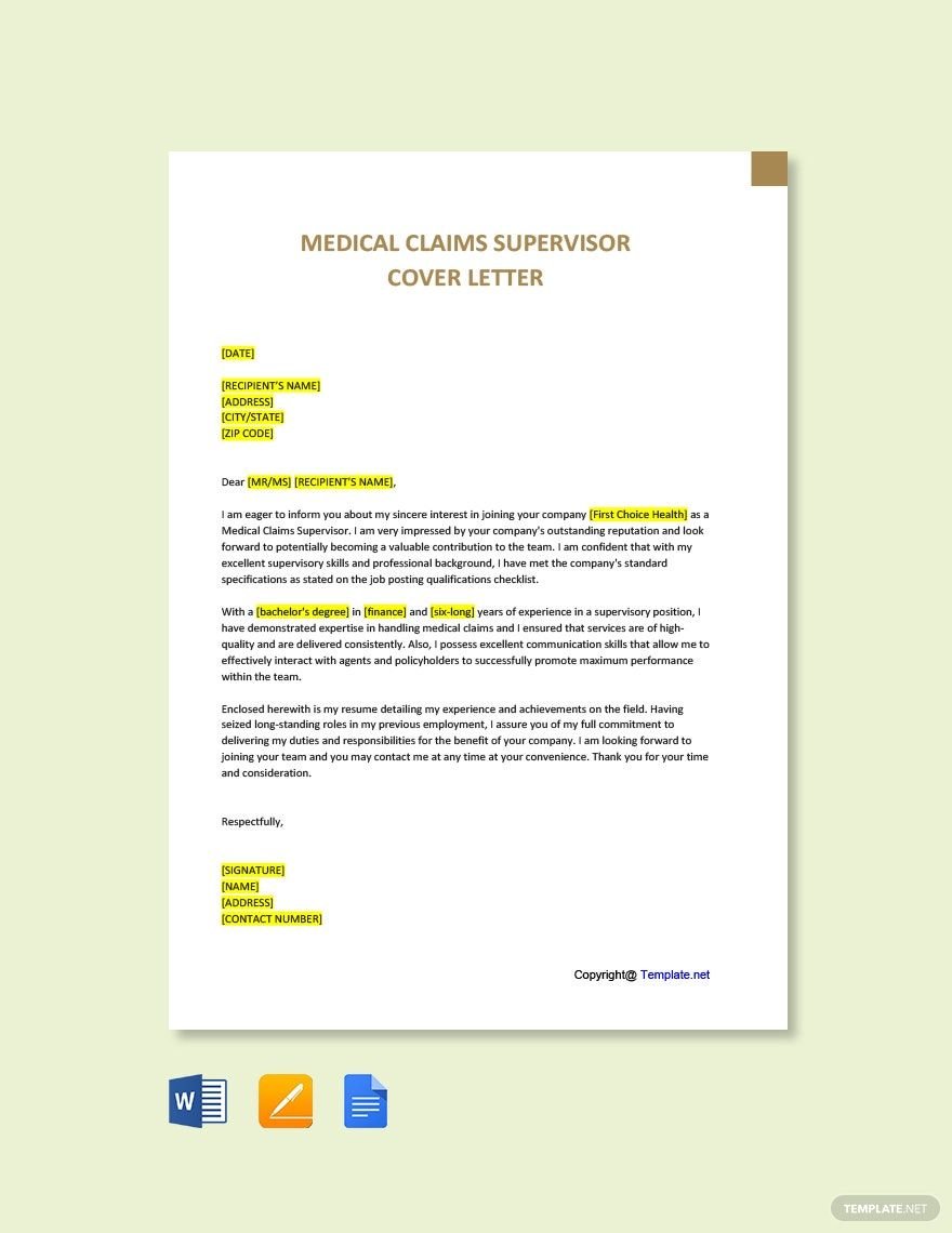 Medical Claims Supervisor Cover Letter