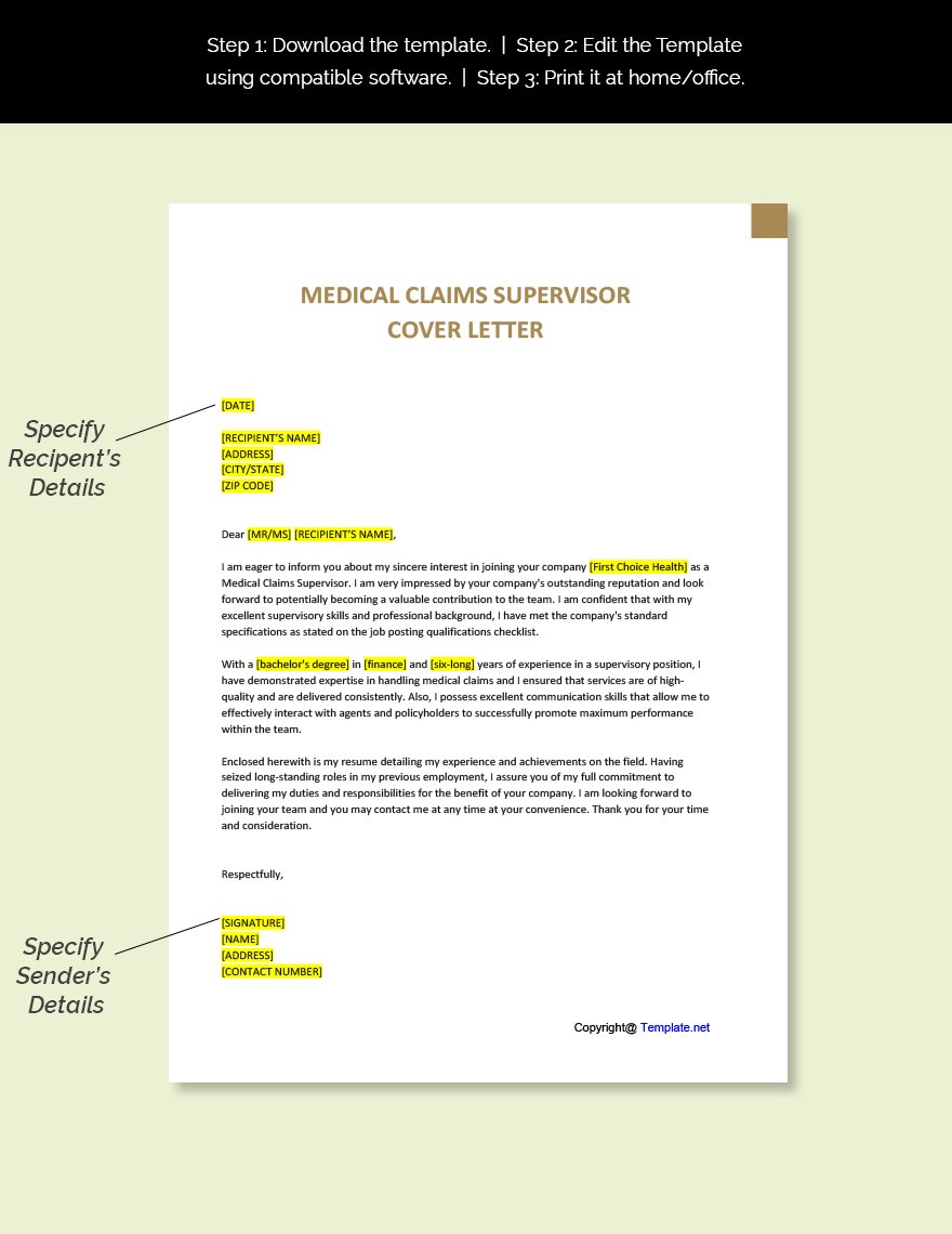 Medical Claims Supervisor Cover Letter Template
