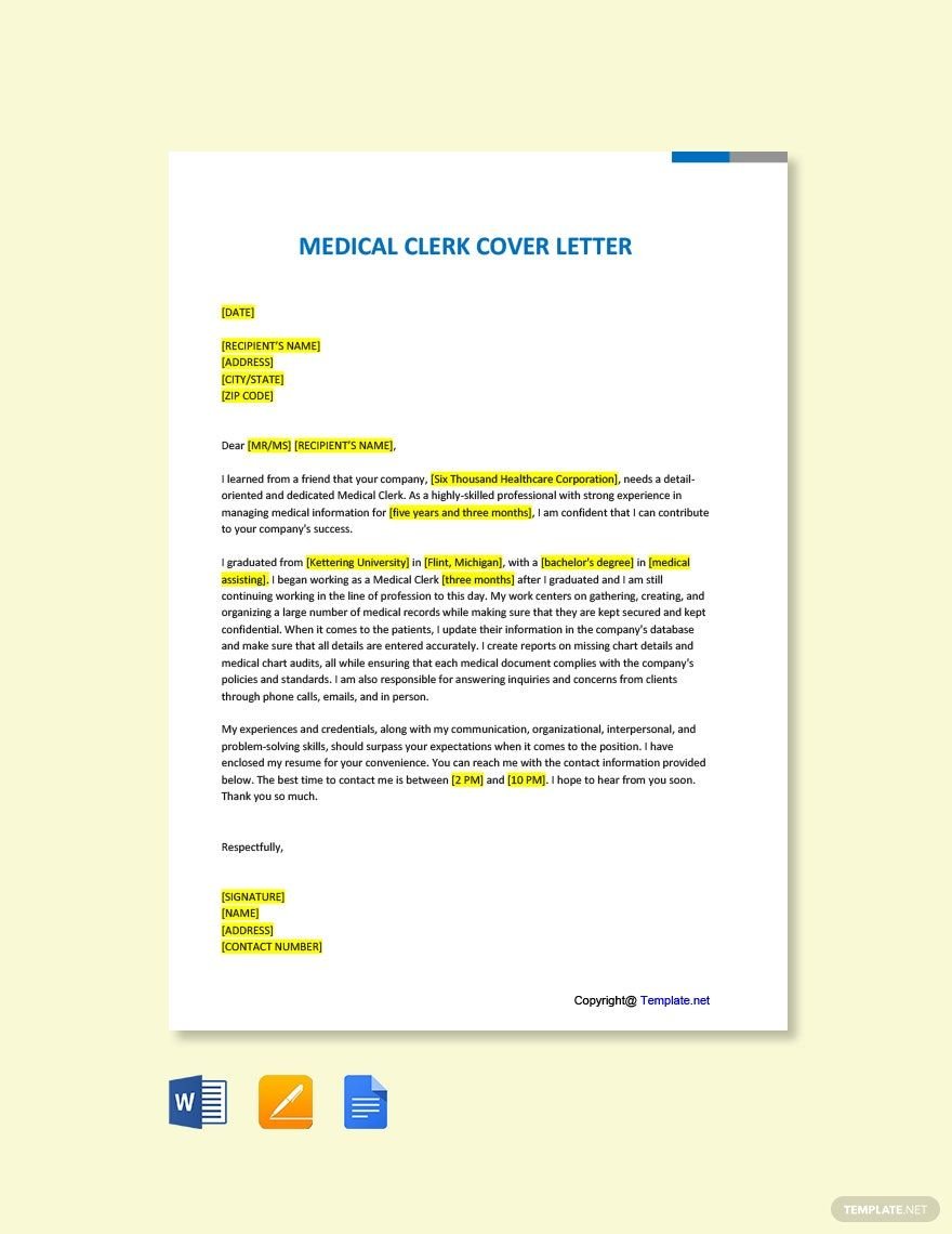 Medical Clerk Cover Letter in Word, Google Docs, PDF, Apple Pages