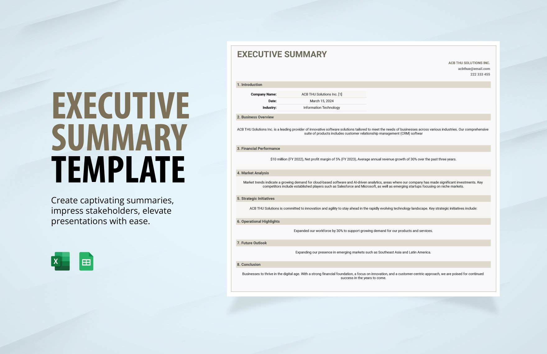 Executive Summary Template in Excel, Google Sheets