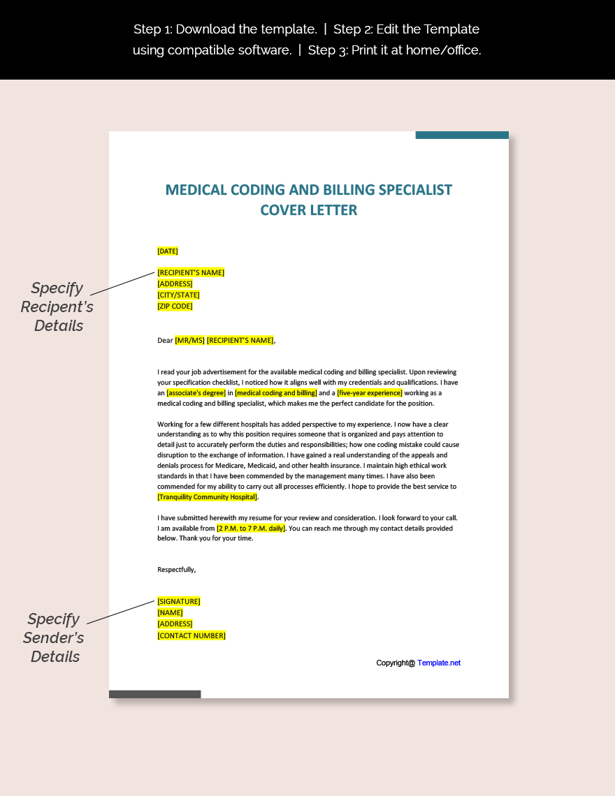 Medical Coding and Billing Specialist Cover Letter Template