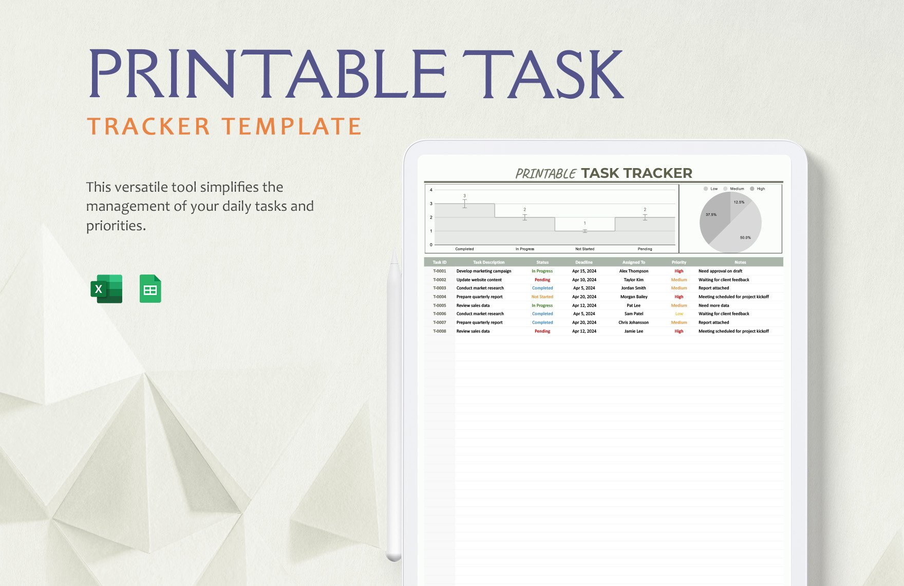 Printable Task Tracker Template in Excel, Google Sheets