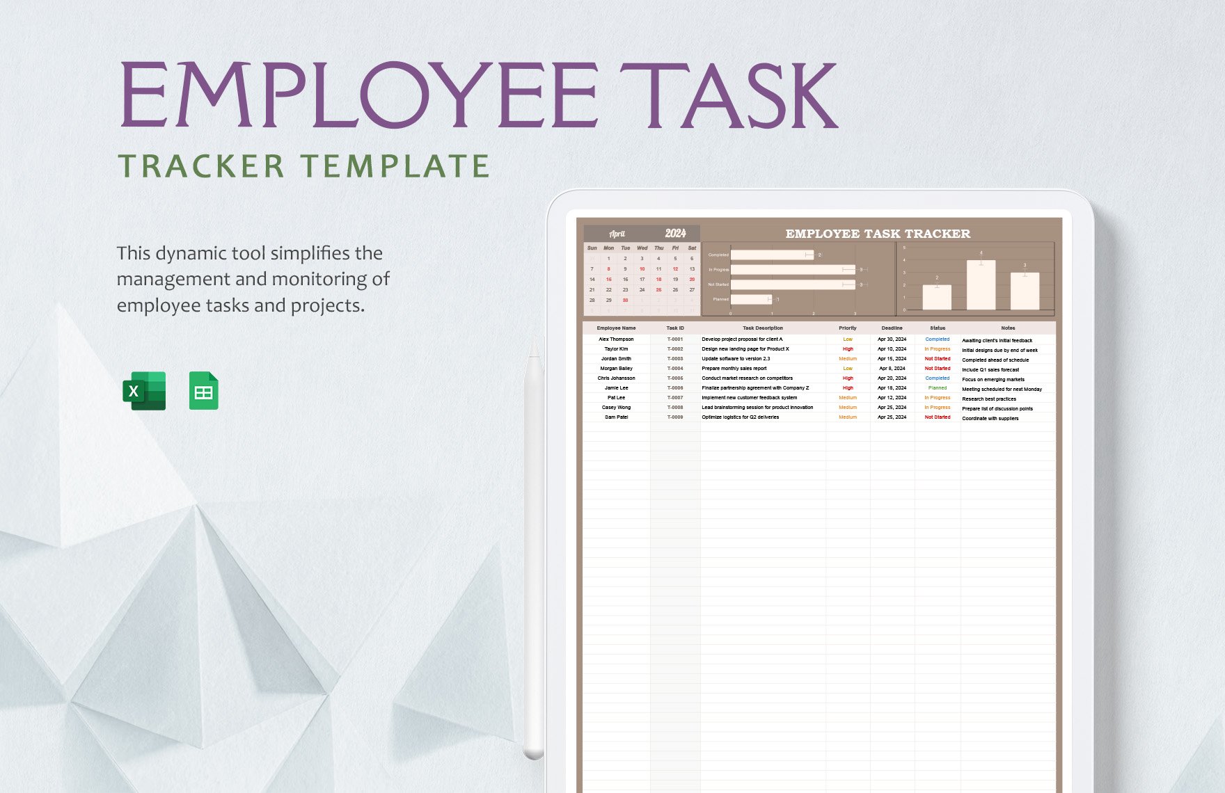 Employee Task Tracker Template in Excel, Google Sheets