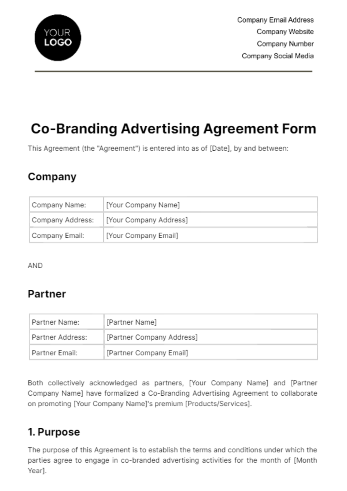 Co-Branding Advertising Agreement Form Template
