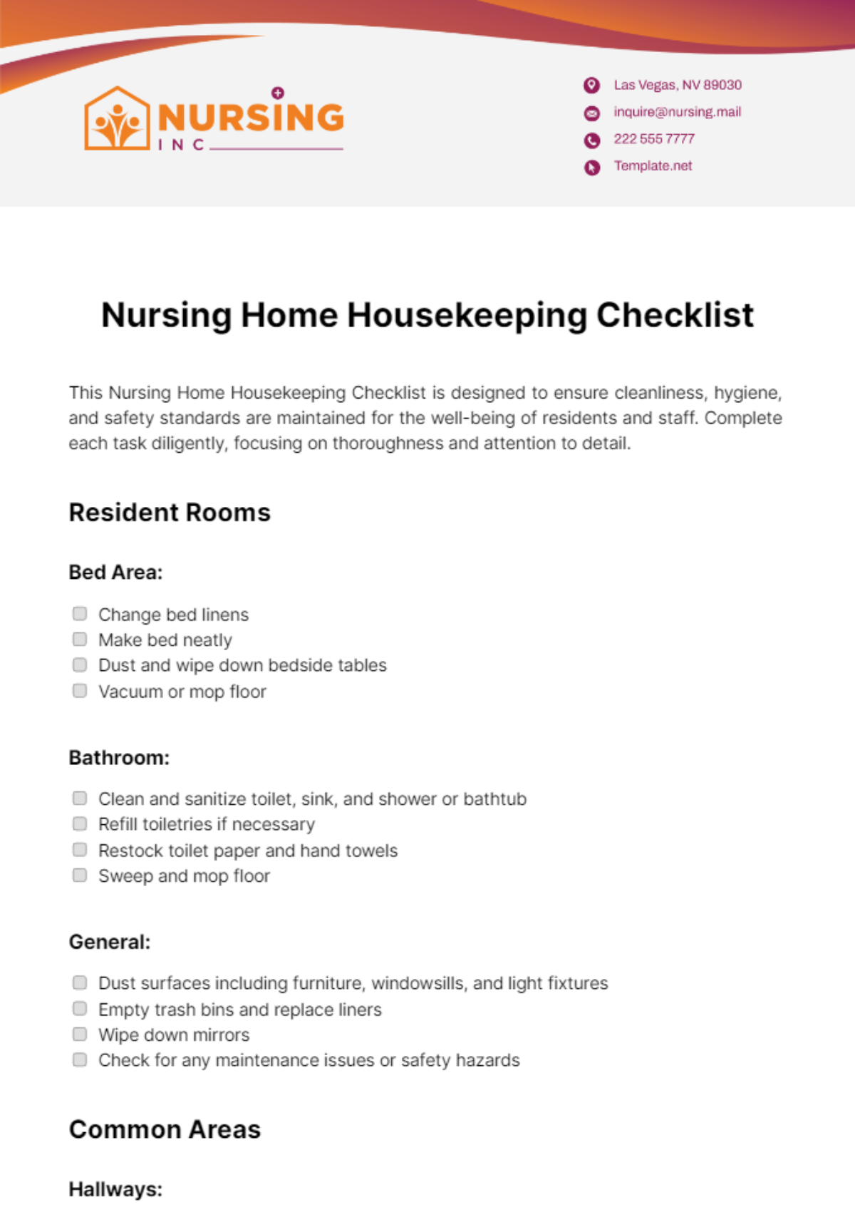 Nursing Home Housekeeping Checklist Template