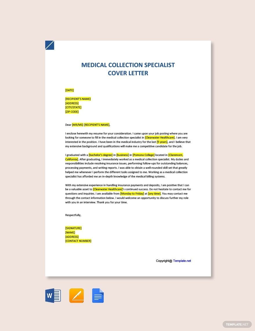 Free Medical Collection Specialist Cover Letter Template