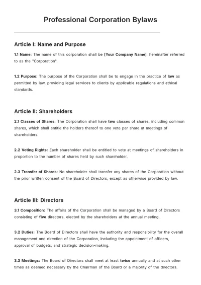 Free Professional Corporation Bylaws Template to Edit Online