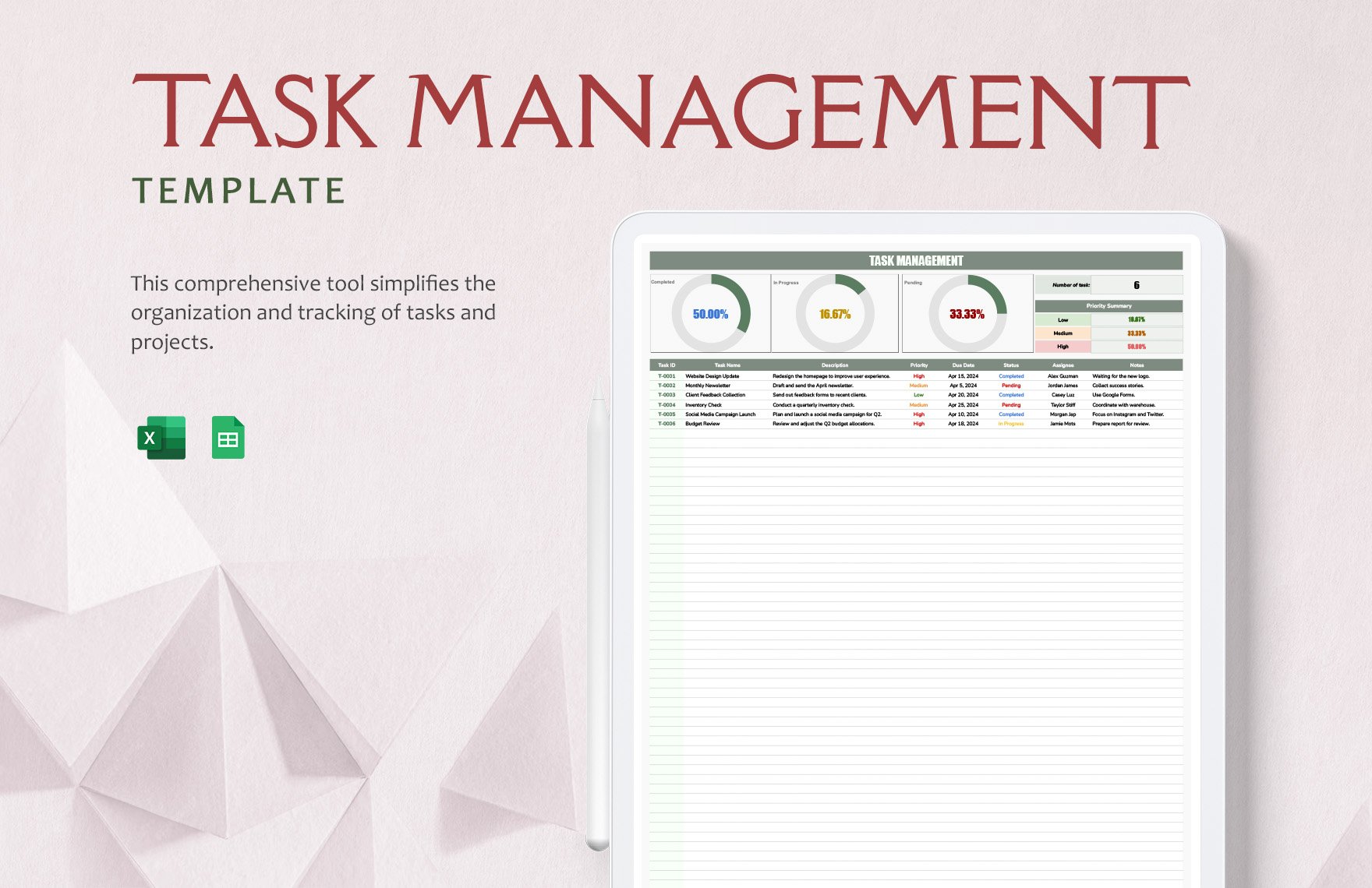 Task Management Template in Excel, Google Sheets