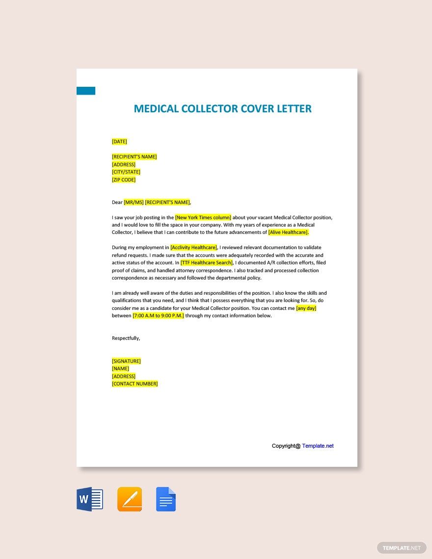 Medical Collector Cover Letter in Word, Google Docs, PDF, Apple Pages