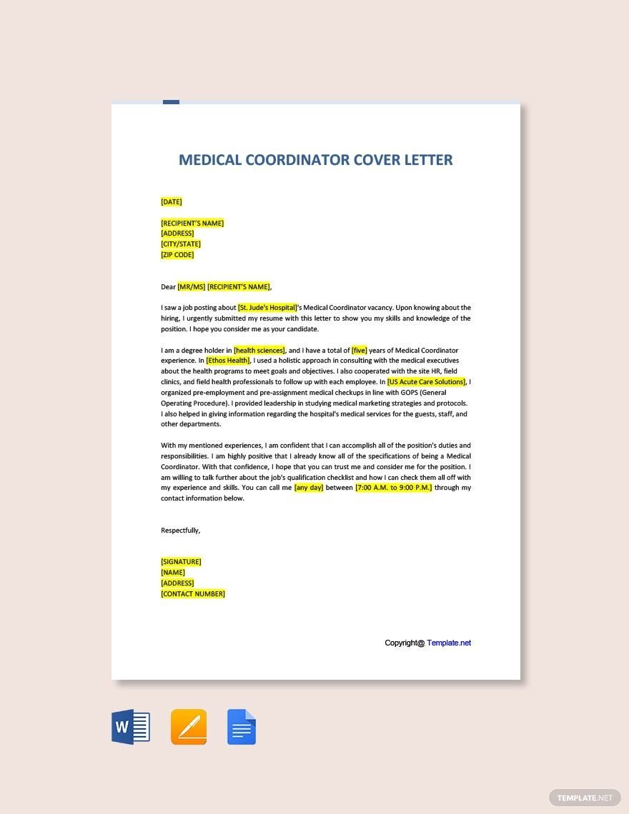 Free Medical Coordinator Cover Letter Template