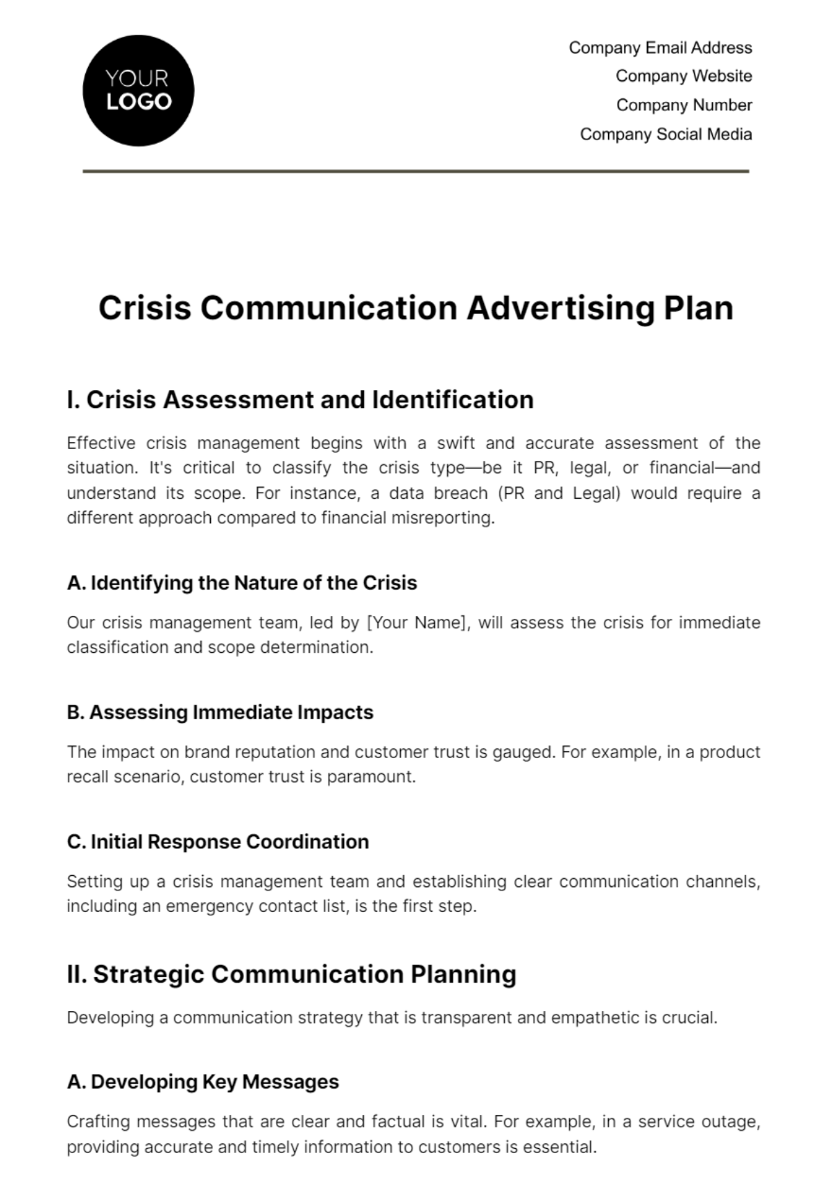 Crisis Communication Advertising Plan Template