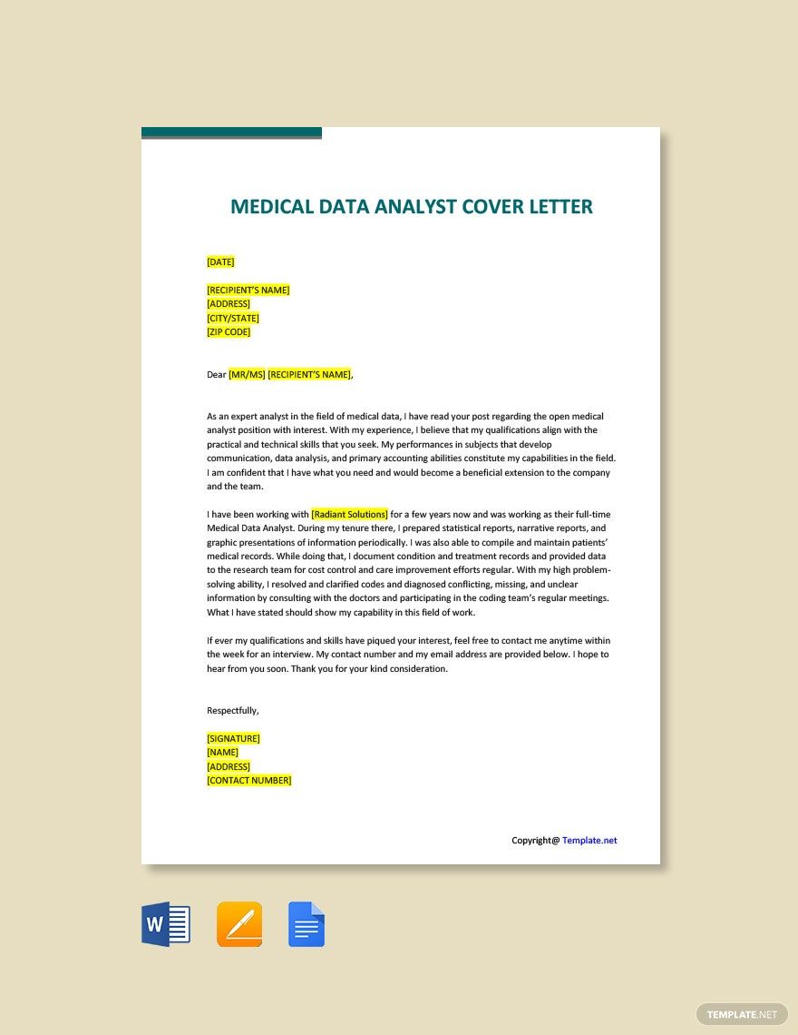 Medical Data Analyst Cover Letter in Google Docs, Word, Pages, PDF - Download | Template.net