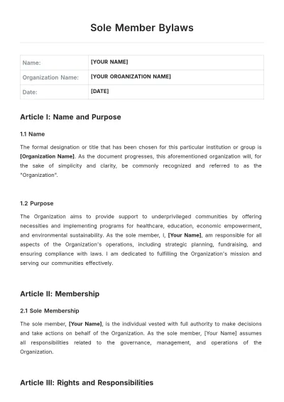 Free Sole Member Bylaws Template to Edit Online