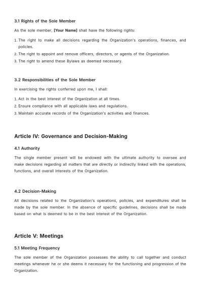 Free Sole Member Bylaws Template to Edit Online