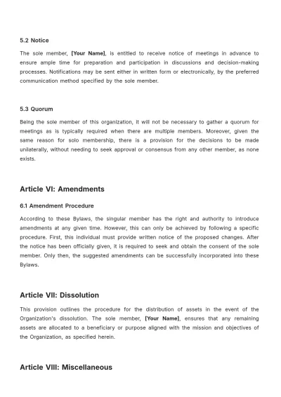 Free Sole Member Bylaws Template to Edit Online
