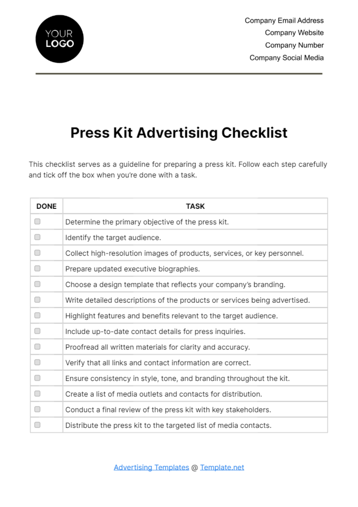 Free Press Kit Advertising Checklist Template