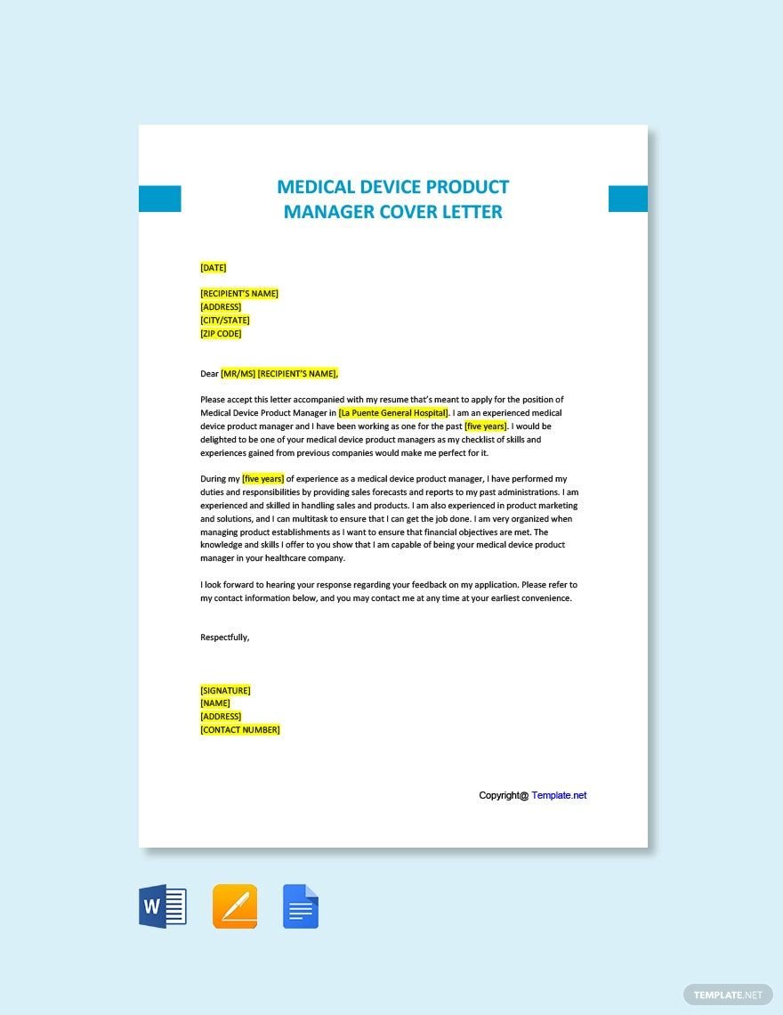 Medical Device Product Manager Cover Letter in Word, Google Docs, PDF, Apple Pages