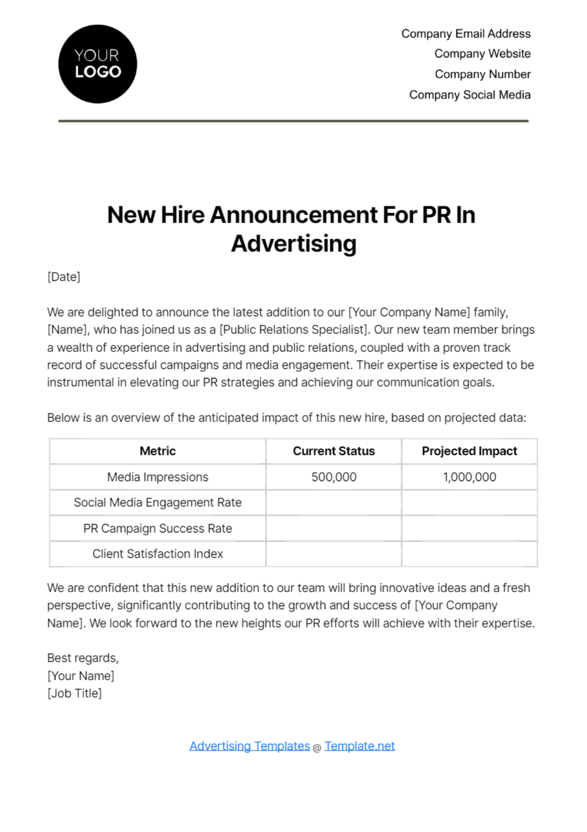 New Hire Announcement for PR in Advertising Template