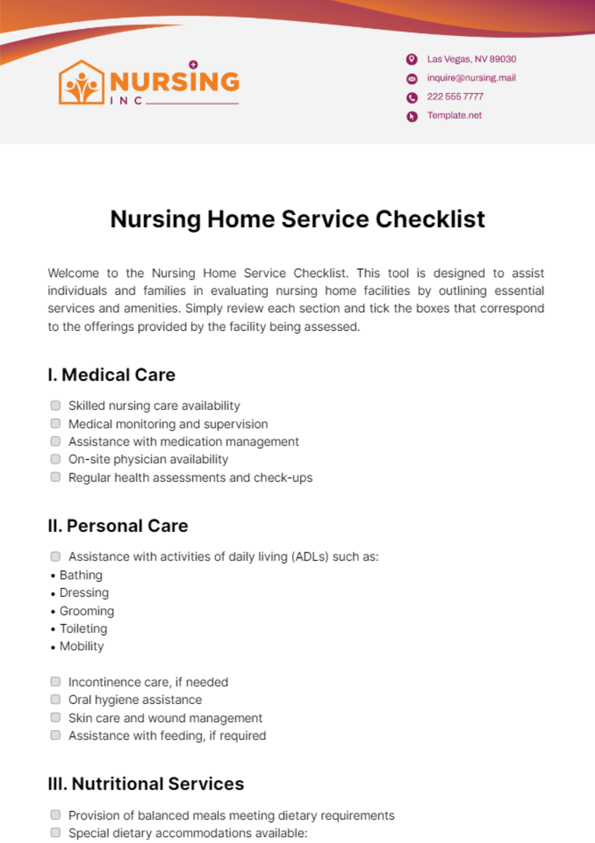 Nursing Home Service Checklist Template