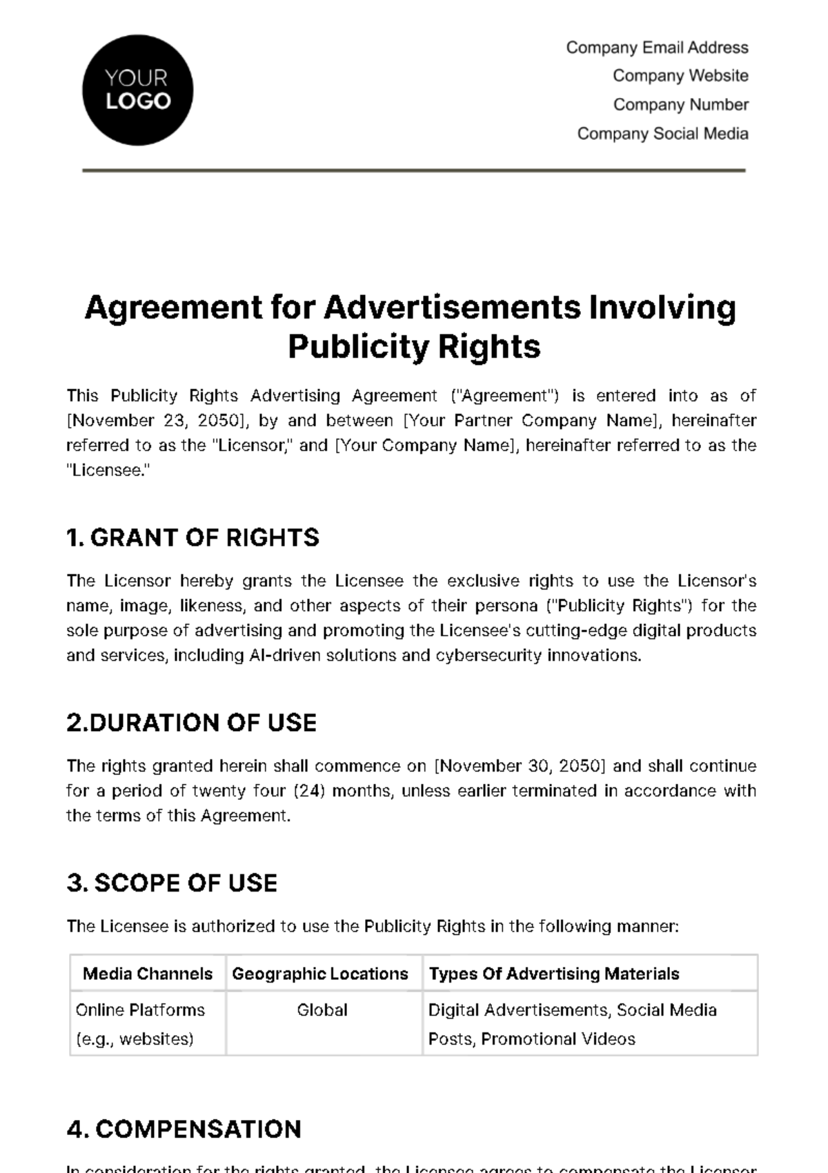 Free Publicity Rights Advertising Agreement Template